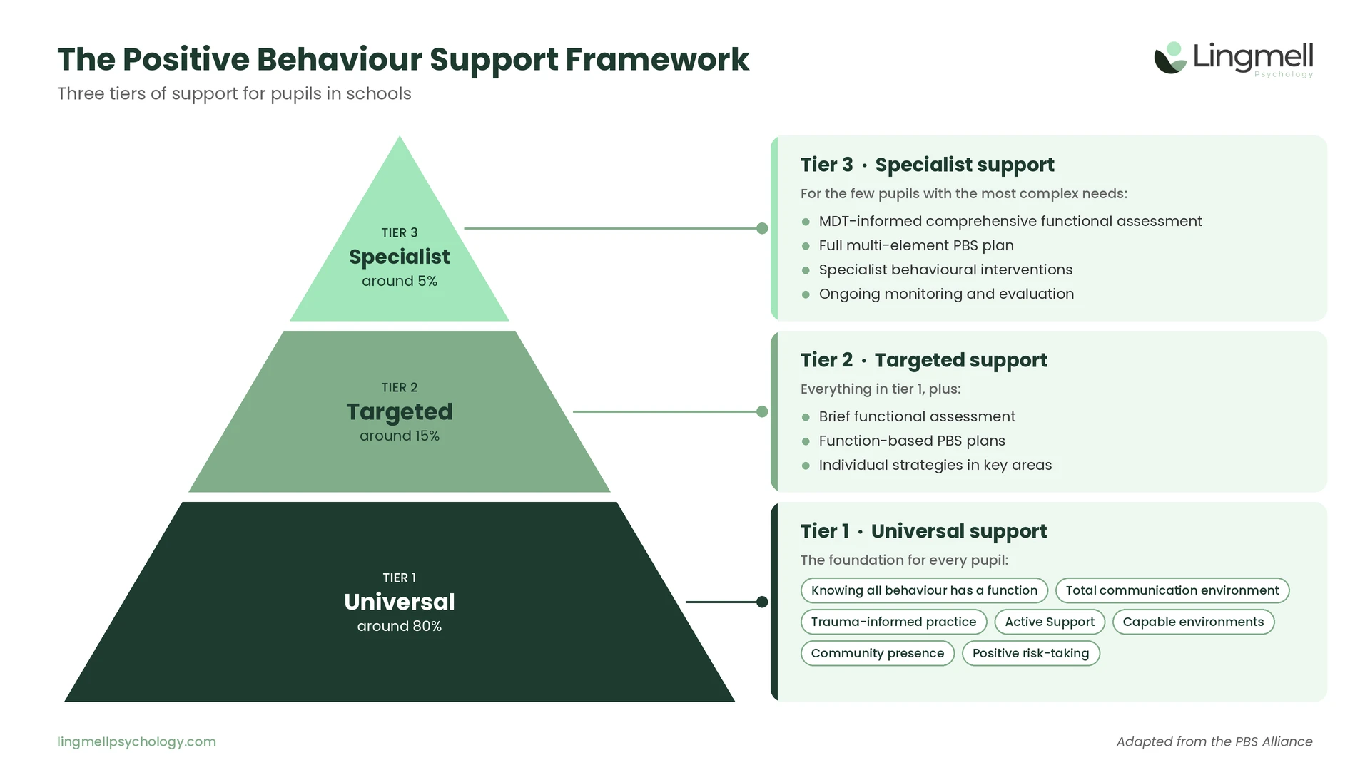 The Positive Behaviour Support framework pyramid. Tier 1, universal support (around 80%): knowing all behaviour has a function, total communication, trauma-informed practice, Active Support, capable environments. Tier 2, targeted (around 15%): brief functional assessment and function-based PBS plans. Tier 3, specialist (around 5%): comprehensive functional assessment and specialist interventions.